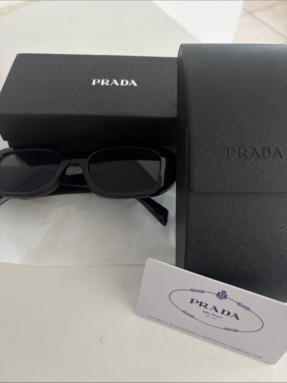 Prada Black Rectangular Sunglasses with Black Case